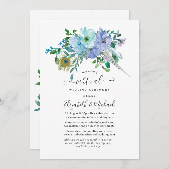 Invitation Mariage virtuel en ligne Mint et Blue Boho Floral (Devant / Derrière)