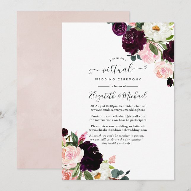 Invitation Mariage virtuel en ligne Plum et Blush Pink (Devant / Derrière)