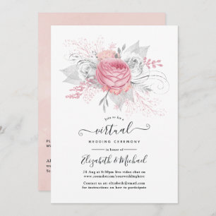 Invitation Mariage virtuel en ligne rose, argent et blanc