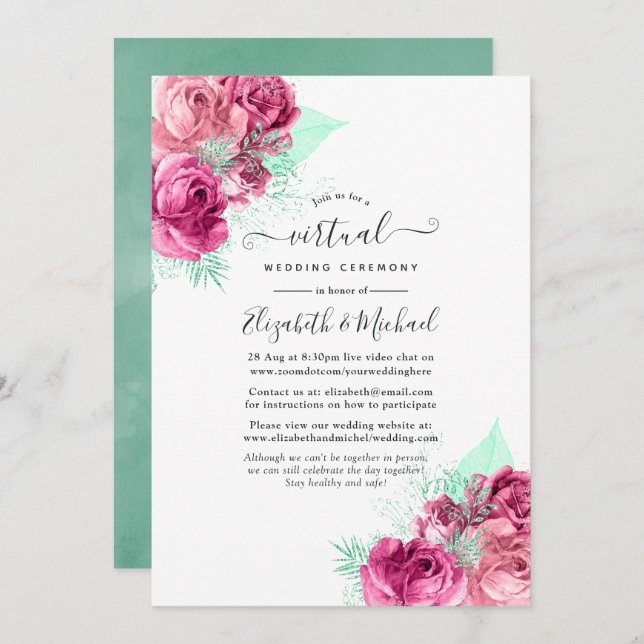 Invitation Mariage virtuel en ligne rose et menthe (Devant / Derrière)