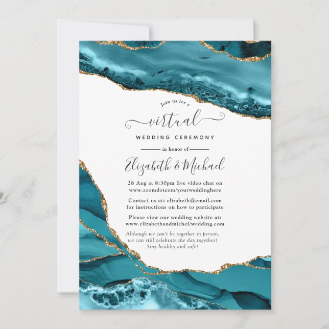 Invitation Mariage Virtuel en Ligne Turquoise et Agate Dorée (Devant)