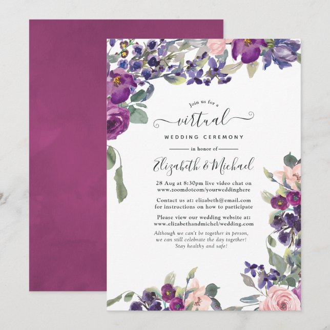 Invitation Mariage virtuel en ligne Violet et Plum Floral (Devant / Derrière)