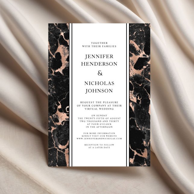 Invitation Mariage virtuel en marbre noir et Rose (Formal Black And Rose Gold Marble Virtual Wedding Invitation)