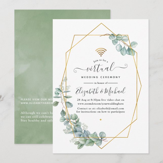Invitation Mariage virtuel Eucalyptus en ligne géométrique (Devant / Derrière)