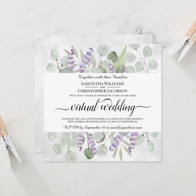Invitation Mariage virtuel Eucalyptus et Lavender (Devant/Arrière en situation)
