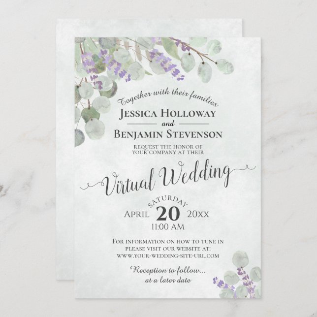 Invitation Mariage virtuel Eucalyptus Lavender & Green (Devant / Derrière)