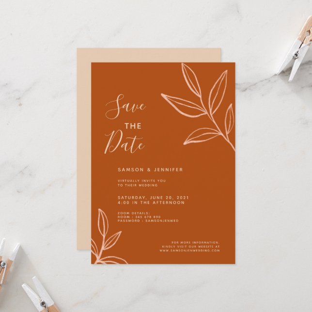 Invitation Mariage Virtuel Feuilles de Terracotta Enregistrez (Devant/Arrière en situation)