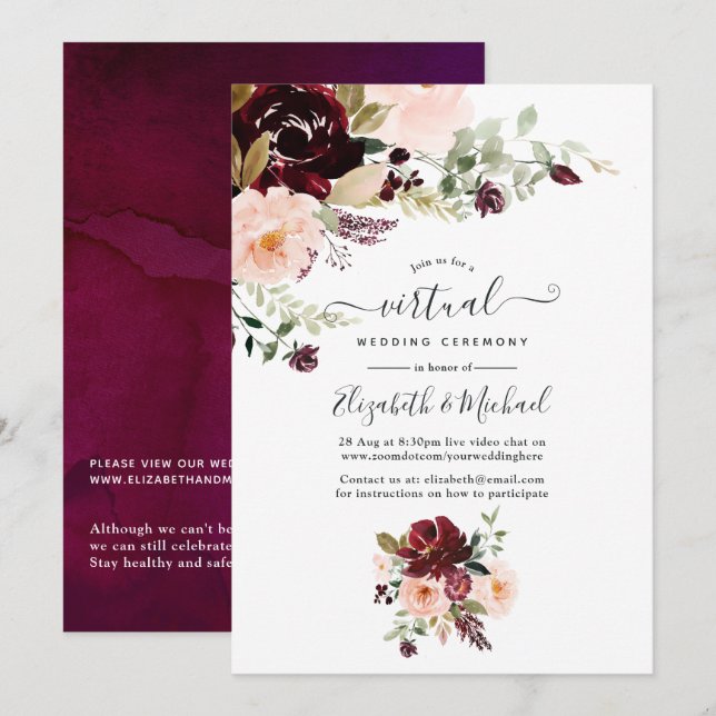 Invitation Mariage Virtuel Fleur et Baie de Bourgogne (Devant / Derrière)