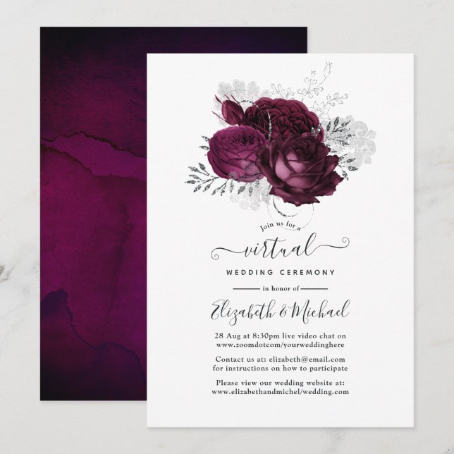 Invitation Mariage Virtuel Fleurie Bordeaux et Argent (Devant / Derrière)