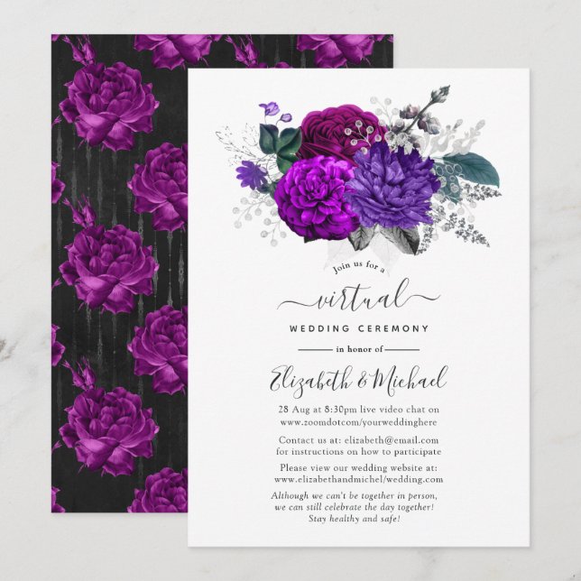 Invitation Mariage Virtuel Fleurie de Pourpre Royale et d'Arg (Devant / Derrière)
