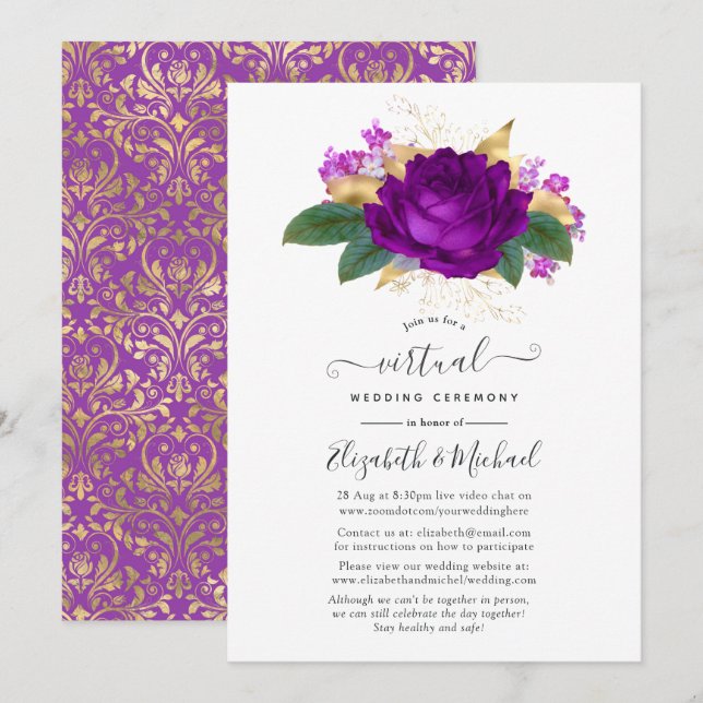 Invitation Mariage Virtuel Fleurie de Pourpre Royale et Or (Devant / Derrière)