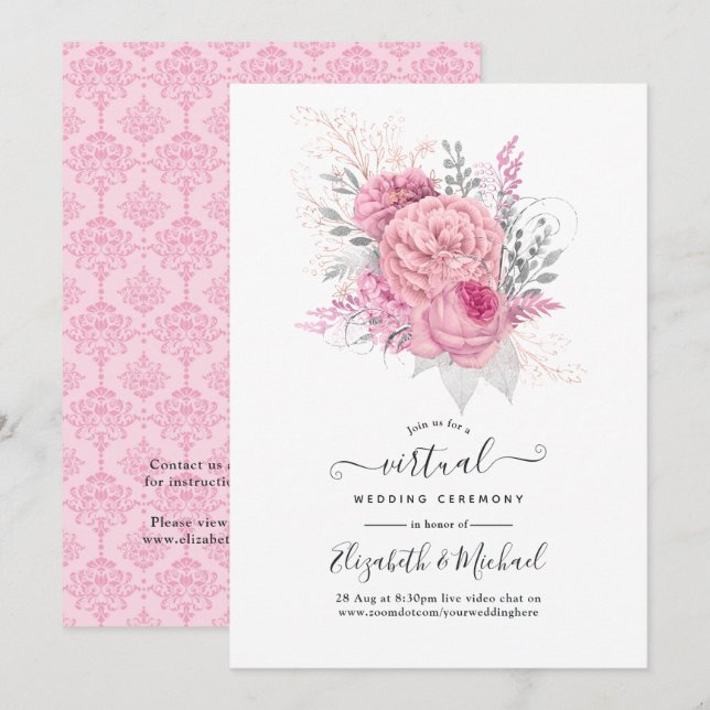 Invitation Mariage Virtuel Fleurie et Dentelle Rose et Argent (Devant / Derrière)