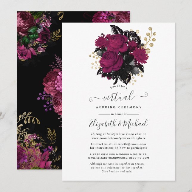 Invitation Mariage Virtuel Fleurie Marsala et Or (Devant / Derrière)