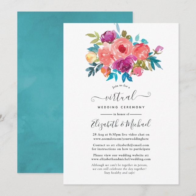Invitation Mariage Virtuel Floral Corail, Turquoise et Violet (Devant / Derrière)