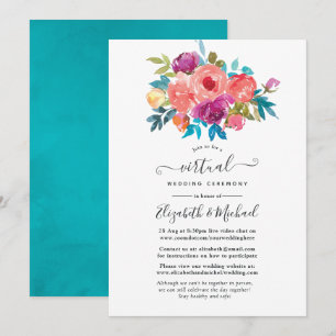 Invitation Mariage Virtuel Floral Corail, Turquoise et Violet