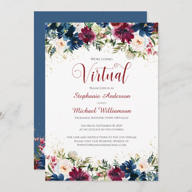 Invitation Mariage virtuel Floral de la marine de Bourgogne (Devant / Derrière)