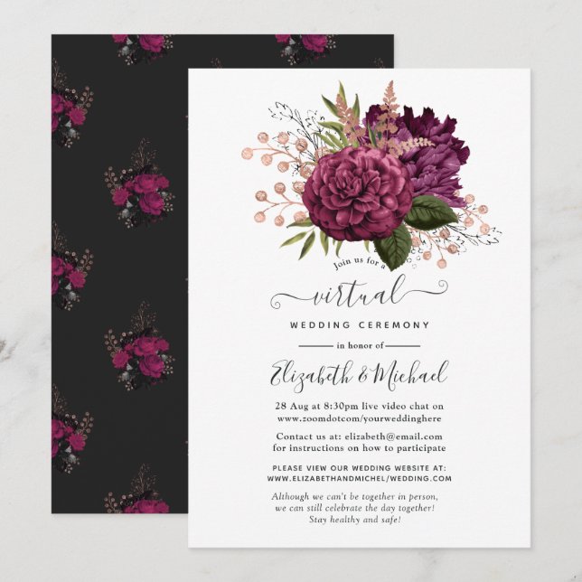 Invitation Mariage Virtuel Floral Marsala et Or Rose (Devant / Derrière)