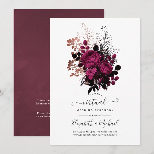 Invitation Mariage Virtuel Floral Marsala et Or Rose (Devant / Derrière)