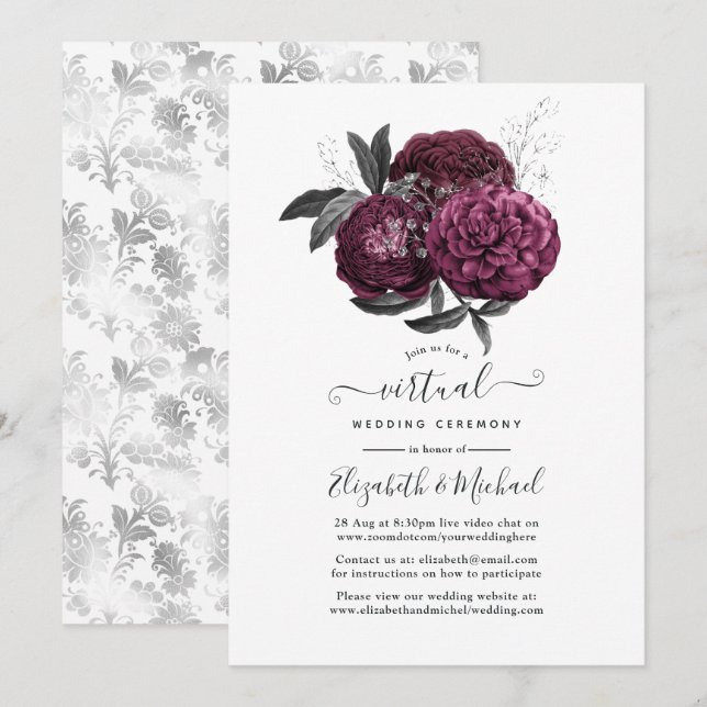 Invitation Mariage virtuel floral Marsala, noir et argent (Devant / Derrière)