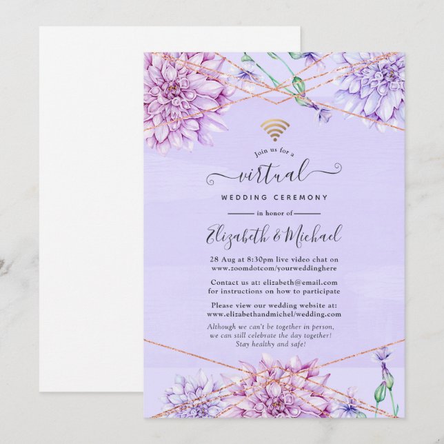 Invitation Mariage Virtuel Floral Or Rose et Lavande (Devant / Derrière)