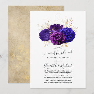 Invitation Mariage Virtuel Floral Pourpre, Bleu Royal et Or