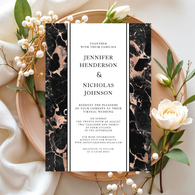 Invitation Mariage Virtuel Formel en Marbre Noir et Or Rose (Formal Black And Rose Gold Marble Virtual Wedding Invitation)