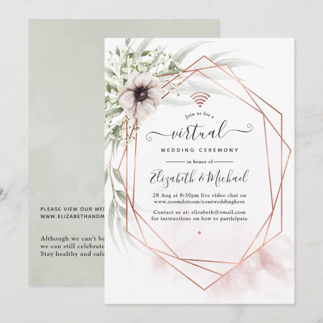 Invitation Mariage virtuel géométrique à l'aquarelle Eucalypt (Devant / Derrière)