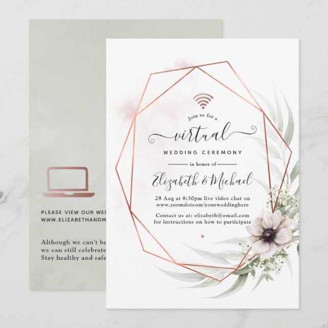 Invitation Mariage virtuel géométrique à l'aquarelle Eucalypt (Devant / Derrière)