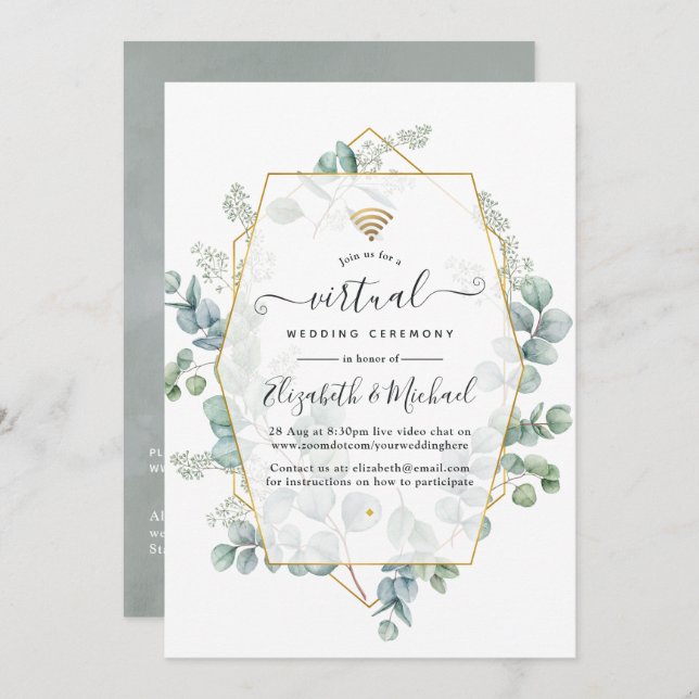Invitation Mariage virtuel géométrique Eucalyptus (Devant / Derrière)