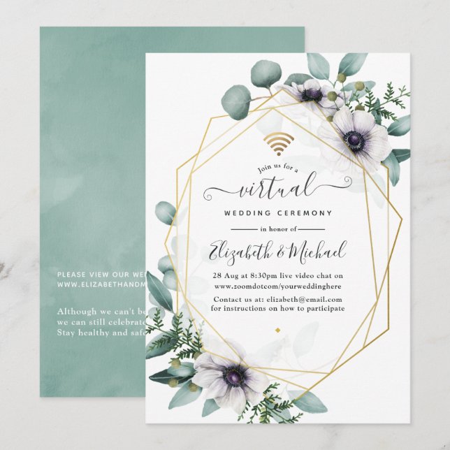 Invitation Mariage virtuel géométrique Eucalyptus Anemone (Devant / Derrière)