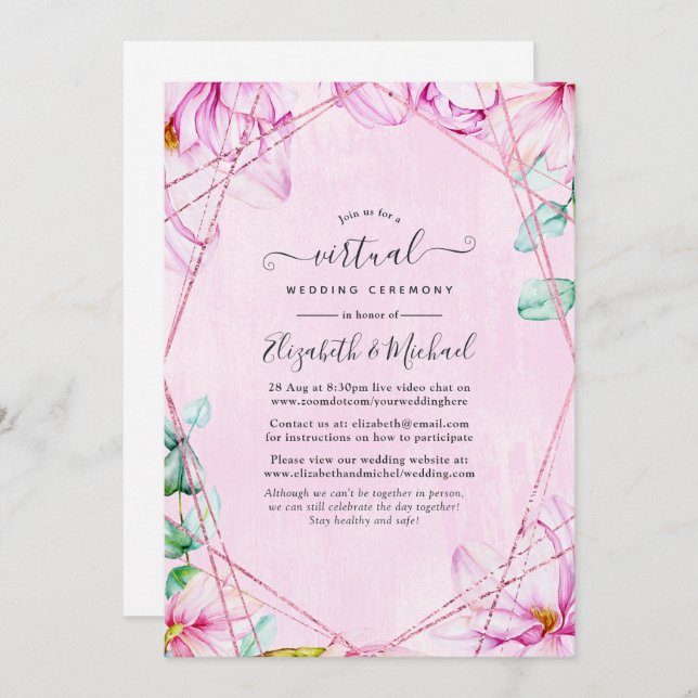 Invitation Mariage virtuel géométrique rose or et rose Floral (Devant / Derrière)