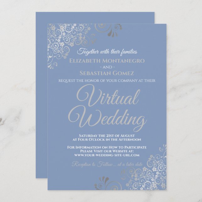 Invitation Mariage virtuel gris et bleu clair Silver Frills (Devant / Derrière)