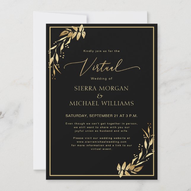 Invitation Mariage virtuel moderne Chic Golden Foliage noir (Devant)