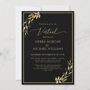 Invitation Mariage virtuel moderne Chic Golden Foliage noir