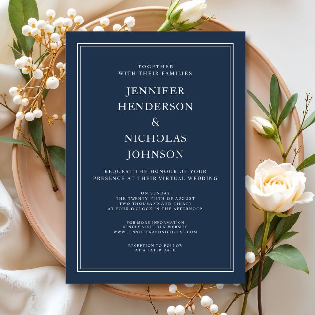 Invitation Mariage Virtuel Moderne Élégant Classique Bleu Nui (Modern Elegant Classic Navy Blue Virtual Wedding Invitation)