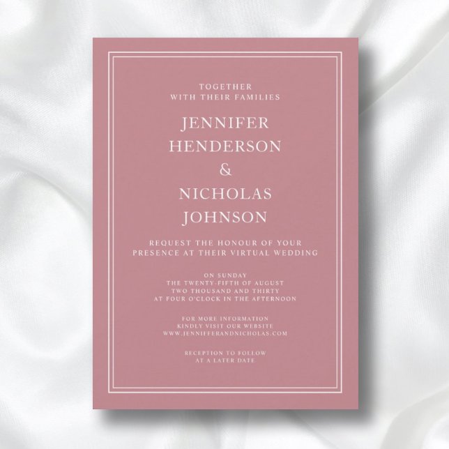 Invitation Mariage Virtuel Moderne Élégant Formel Rose Poussi (Front / Modern Elegant Formal Dusty Rose Virtual Wedding Invitation)