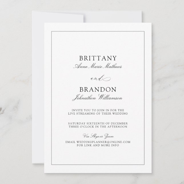Invitation Mariage virtuel noir blanc élégant (Devant)