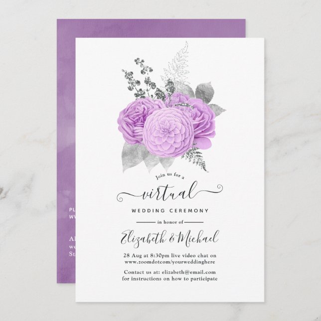 Invitation Mariage virtuel Rose Vintage violet et argenté (Devant / Derrière)