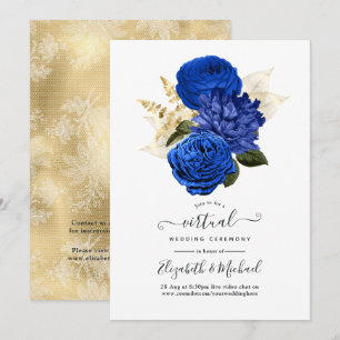 Invitation Mariage Virtuel Royal Bleu et Or Floral et Dentell