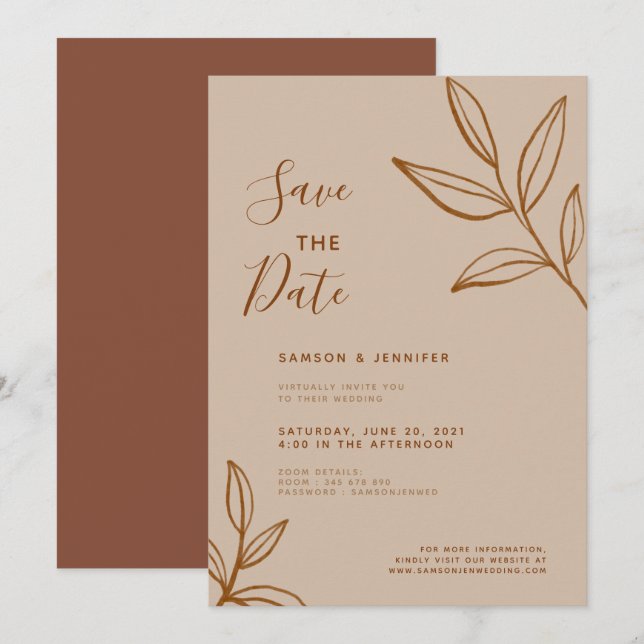 Invitation Mariage Virtuel Terracotta Feuille Enregistrer la  (Devant / Derrière)