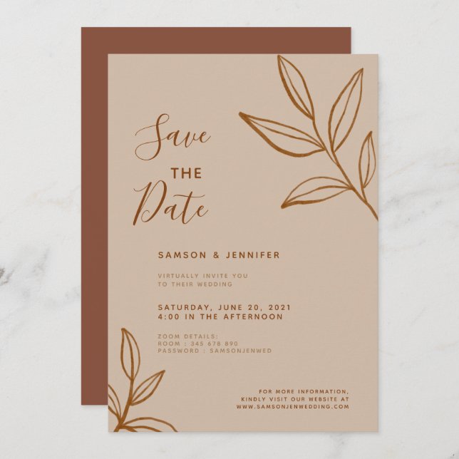 Invitation Mariage Virtuel Terracotta Leaf Save the Date (Devant / Derrière)