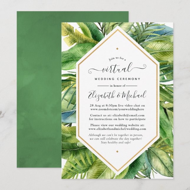 Invitation Mariage Virtuel Tropical En Ligne Aquarelle (Devant / Derrière)