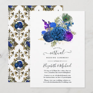 Invitation Mariage Virtuel Vintage Navy et Or avec Motif Flor