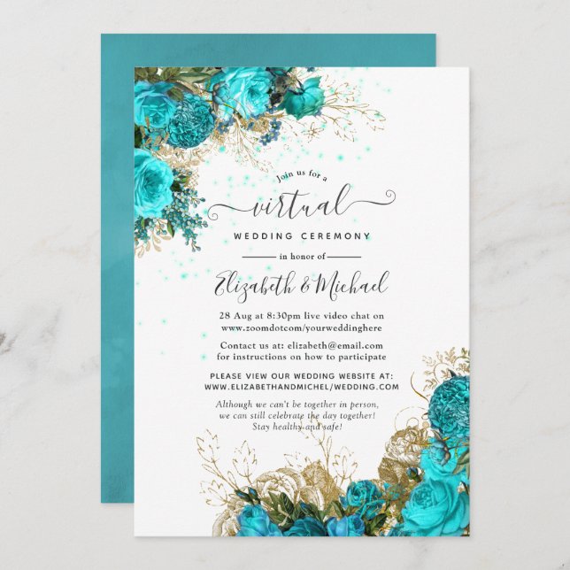 Invitation Mariage virtuel vintage Turquoise et Gold Online (Devant / Derrière)
