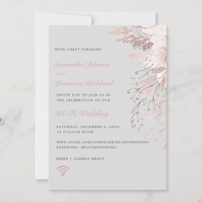 Invitation Mariage virtuel WiFi Zoom Dusty Rose gris floral (Devant)