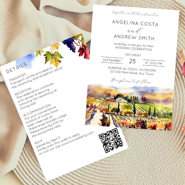 Invitation Mariage viticole tout en un modèle (Vineyard wedding all in one editable template invitation digital download watercolor Napa Valley)
