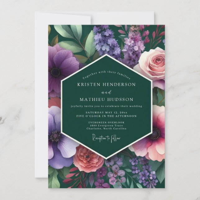 Invitation Mariage Vivid Flora Émeraude et Prune (Devant)