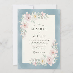 Invitation Mariage voûté de fleurs douces en bleu poussiéreux