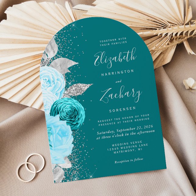 Invitation Mariage voûte turquoise argent paillettes florales (Créateur téléchargé)