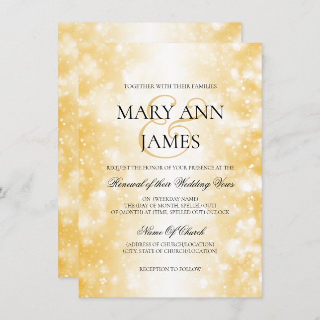 Invitation Mariage Vow Renewal Gold Shimmer Lumières (Devant / Derrière)